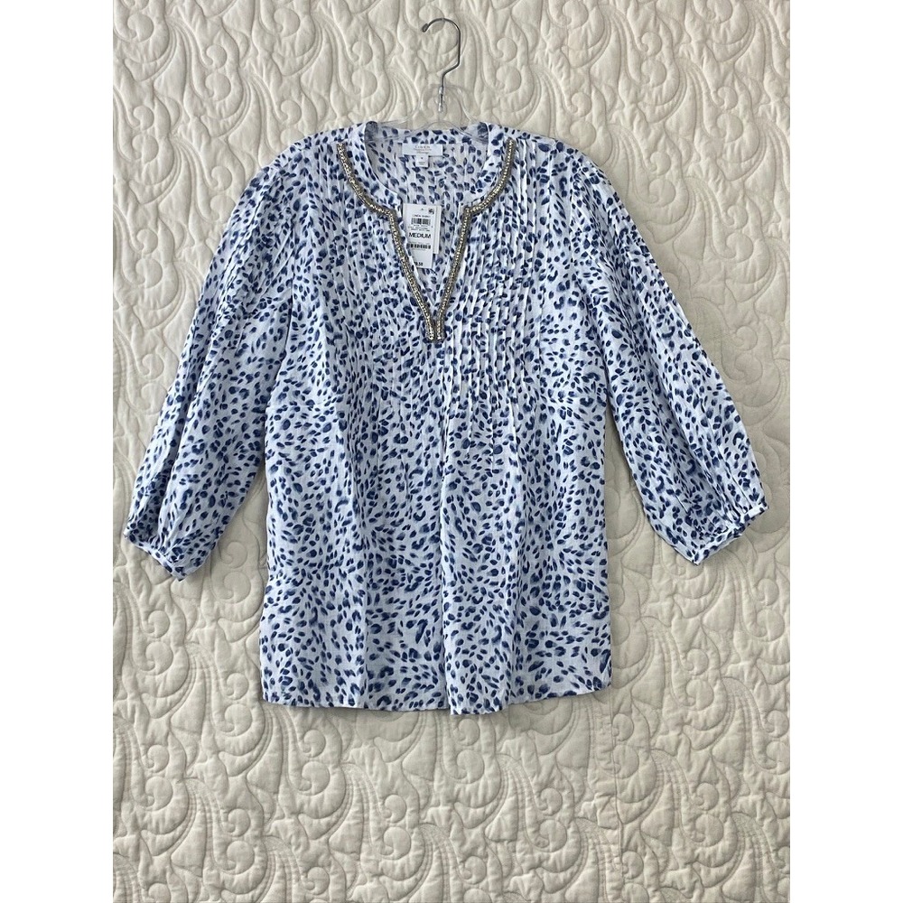NEW Charter Club Linen Shirt Blue White Sz Medium Embellished Neck Tunic Style